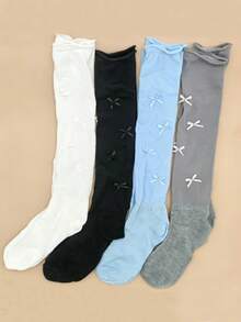 4 pares de calcetines versátiles y delgados con lazo estilo lolita, calcetines de tobillo de unicolor para mujeres, estilo de bailarina, adecuados para primavera y verano - Multicolor - Ver 8