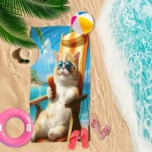Cool Cat Sitting On Beach Chair Wearing Sunglasses Drinking Beverage Print Beach Towel, Quick Dry Absorbent Microfiber Beach Towel For Summer Vacation, Soft, Sand-Free, Suitable For Beach, Swimming, Bathroom, Travel, Lightweight, Fade-Resistant, Fast Drying, With Tropical Palm Tree Pattern, Unisex - Multicolor 5 - View 3