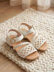 Sandal Anyaman Hak Rendah dengan Tali Perekat Velcro yang Dapat Diatur untuk Anak Perempuan Usia 3-12 Tahun, Warna Beige, Gaya Pantai, Pesta, dan Pedesaan - Putih - View 3