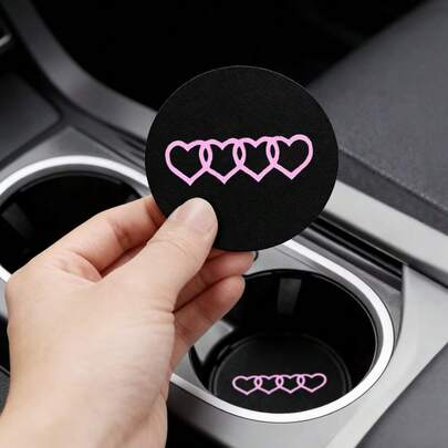 2pcs Heart Print Anti-Slip Cup Coasters, Suitable For Car Cup Holders, Home/Office Desks, Absorbent Car Drink Mats