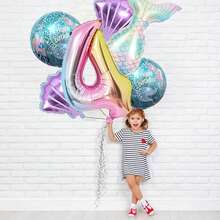 全新超大卡通美人鱼尾巴，贝壳主题 32 英寸渐变色数字 0-9 铝箔气球生日套装，生日、周年纪念、婚礼、派对装饰 - 美人魚6件套裝 - 查看 17