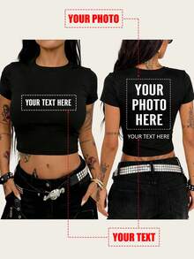 Double-Sided Customized Photo T-Shirt, Y2K 90s Retro Rap Tee, Personalized Cropped Top, Add Photo And Text, Music Festival Fan Outfit Black Summer - Black - View 1