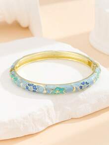 1pc Fashion Vintage Gold-Plated Floral Star Pattern Enamel Filigree Bangle Bracelet Jewelry For Women And Girls - Baby Blue - View 4