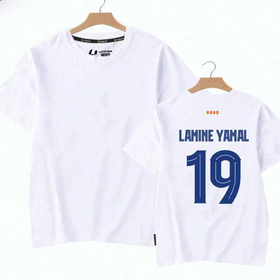 Yāmāl #19 Back Print Soccer Jersey T Shirt, Classic 90s Football Fan Style 100% Cotton Short Sleeve Tee, Unisex Soccer Streetwear - 白色 - 查看 1