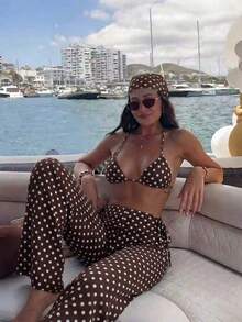 Ensemble bikini 3 pièces à pois marron et blanc avec Top à encolure dégagée, cache-maillot large en maille, style maillot de bain sexy pour les vacances - Multicolore - Voir 2