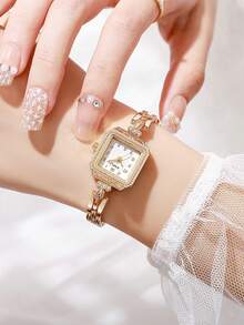 Luxury Square Gold Watch Rhinestone Bezel Multi-Color Dial Chain Band Quartz Wristwatch For Teens Gift 1pc/Set - Gold - View 2