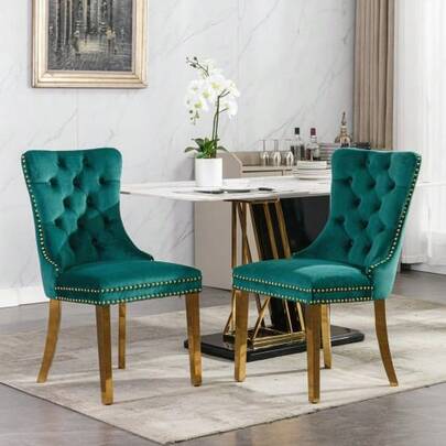 Collection Modern, High-End Tufted Solid Wood Contemporary Velvet Upholstered Dining Chair With Golden Stainless Steel Plating Legs,Nailhead Trim,Set Of 2, Green, DE1601GN