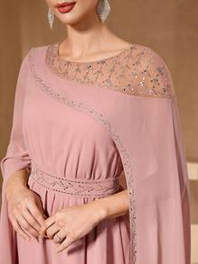 YISIKADO Vestido de mujer con decoración de strass, cuello redondo, de gasa, manga larga con vuelo asimétrico, vestido de noche formal para boda y fiesta de otoño - Rosa vieja - Ver 7