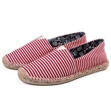 2025夏季条纹时尚帆布鞋，透气防臭亚麻鞋底编织鞋，耐穿防滑渔夫鞋，套脚休闲鞋，传统北京布鞋 - 細條紋紅色 - 查看 6