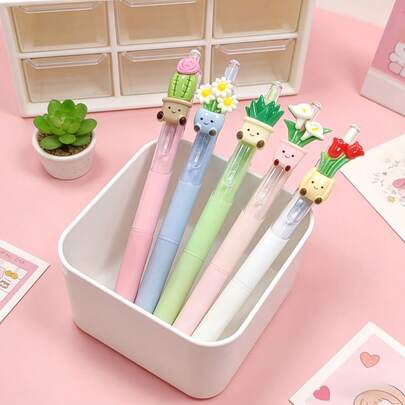 5支/套创意植物主题按动式圆珠笔，可爱花卉速干笔，办公学习用品，适合作为奖励、节日礼物，高品质文具，趣味中性笔