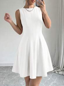 Women Elegant Sleeveless Crewneck High Waist A-Line Mini Dress Summer Spring Casual Formal Graduation Party Cocktail Valentine Short Dress Outfits - 白色 - 查看 6