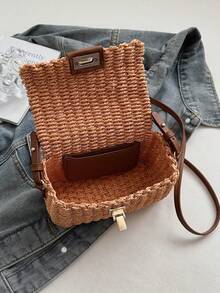 Fashionable Retro Personalized Straw Handbag, Versatile For Outings, Vacation, Beach, Mini Woven Square Crossbody Bag - Rust - View 6