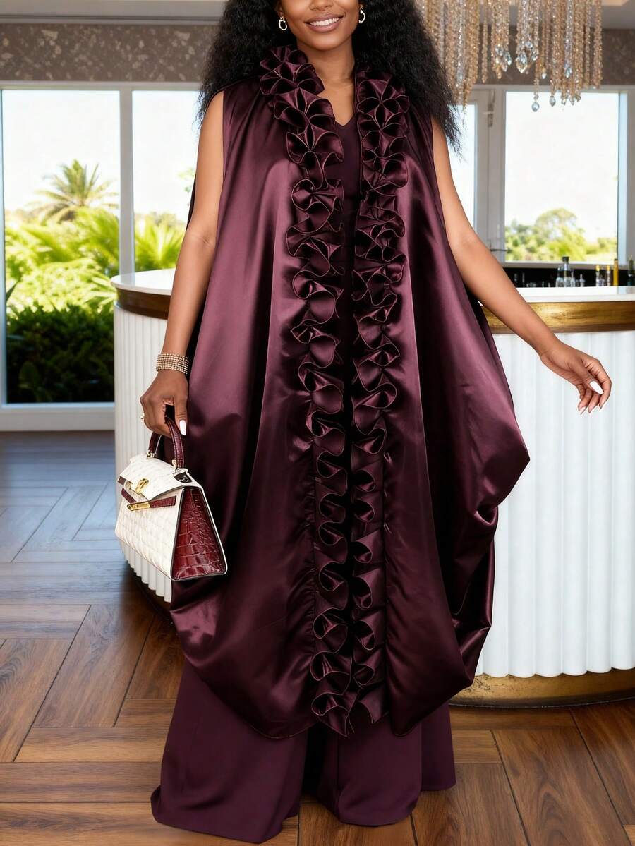 Women's Elegant African Style 2 Pieces Set, Including Ruffle Hem Loose Kaftan Dress And Wide Leg Jumpsuit In Burgundy, Suitable For Formal Occasions And Parties - Burgundy - View 1