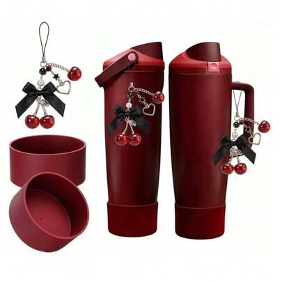 1 Set Of 24/30/32/40 Ounce Cherry Pendant And 2PCS Silicone Coaster Set, Perfect Water Bottle Accessory Set, High-End Black Cherry Pendant, Practical And Elegant Set, A Good Choice For Gift Giving, Suitable For Most People