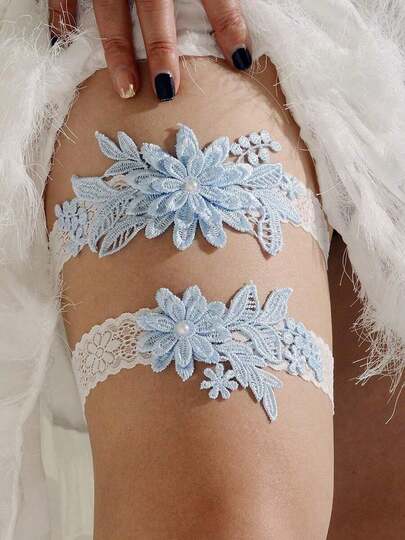 2件套白色蕾丝蓝色仿珍珠吊袜带套装，浪漫婚礼新娘伴娘大腿链身体饰品，情人节礼物