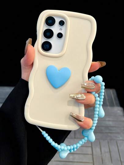1pc Ins Style Cream White Wavy Edge 3D Heart Phone Case With Blue Heart Beaded Strap, Shockproof, Anti-Slip & Scratch-Resistant, Compatible With Samsung S20-S25 Series, Note 14/13/12 Series & A56 5G, International Version, Not Local Version, Birthday & Festival Gift, Perfect Mother's Day Present