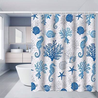 1/4 件蓝色和白色海洋海马图案主题浴室装饰品，浴室配件包括浴室垫、U 型垫、马桶座套、180x180cm 防水浴帘（带 12 个挂钩），实用家居装饰，易于清洁和维护，适合所有季节。