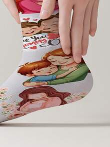 1双360度印花母亲节主题中筒袜，可爱“妈妈的爱”图案，男女通用休闲短袜，送给妈妈的理想礼物 - 彩色 - 查看 4