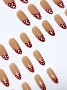 24pcs Medium Almond-Shaped Press-On Nails, Red French Polka Dot Pattern, Minimalist Style, Full Coverage, Suitable For Women & Girls Daily Wear, Autumn/Winter Fake Nails - Multicolor - View 2