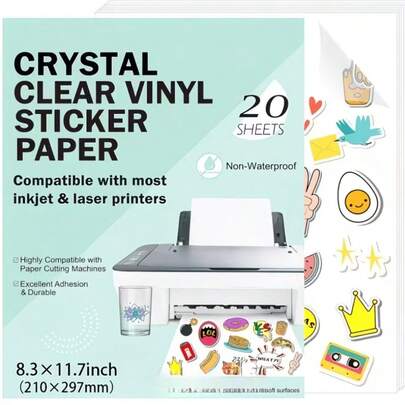 A4尺寸光面透明可打印乙烯基贴纸纸，20张透明自粘标签纸，不防水，适用于喷墨激光打印机