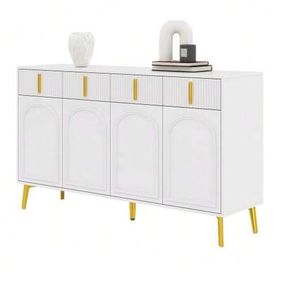 Sideboard With Gold Handles And Legs, 4 Doors, 4 Drawers, With Removable Laminate, Suitable For Living Rooms And Dining Rooms, 140 X 37.8 X 82 Cm.