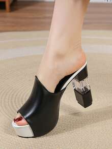 Comfortable Crystal Chunky Heel Slippers, Paris Fashion Show Style Summer New Thick Slide, Platform Peep-Toe, Shoes, Spring, Sandals - Black - View 4