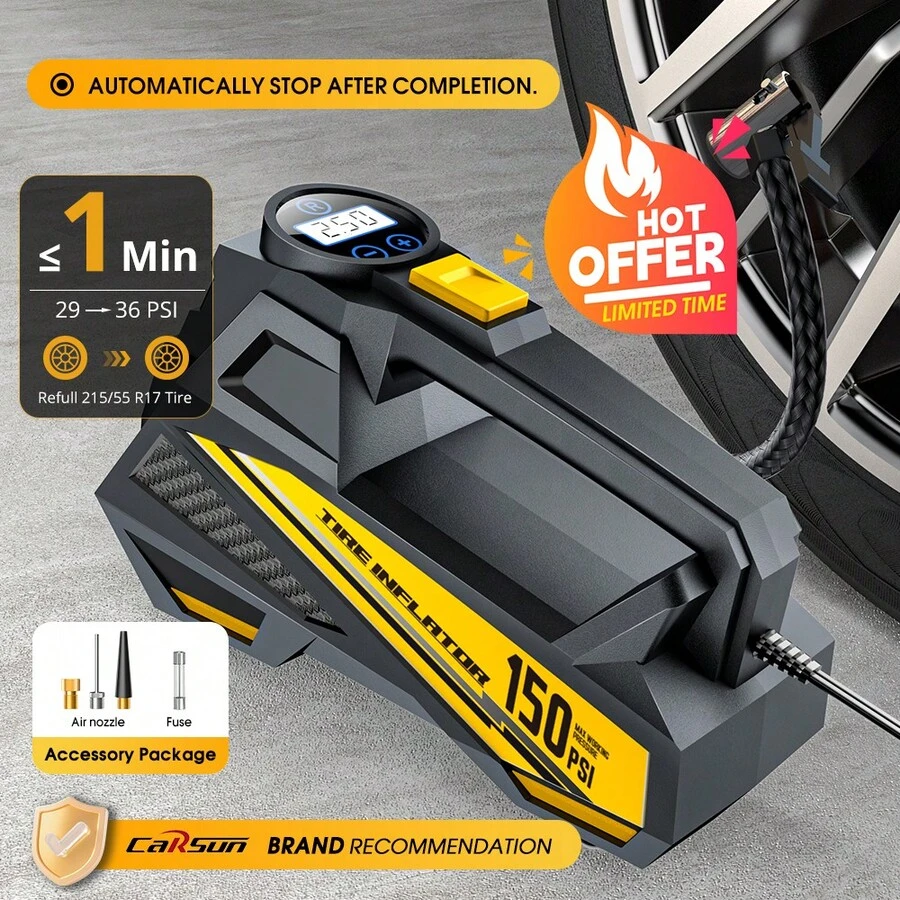 Máy bơm hơi cầm tay Carsun, áp suất 150PSI, động cơ đồng 22 xi lanh - Công suất cao 12V-DC, màn hình hiển thị kỹ thuật số, bơm hơi ô tô, bơm nhanh, tự động tắt, đèn LED sáng, thích hợp cho ô tô, xe máy, xe đạp, bóng. - Có dây - Xem 1