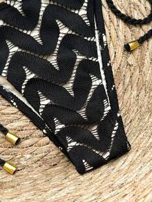 Conjunto de traje de baño de mujer con escote halter, tejido de cuerda macramé, tela de red, colgante metálico, espalda descubierta y lazos laterales, adecuado para playa, resort, vacaciones de primavera/verano/otoño - Negro - Ver 4