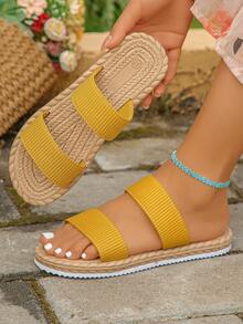 1 Pair Linen-Like Rope Sole Minimalist Solid Color Comfortable Lightweight Round Toe Flat Sandals, Fashion Women's Summer Yellow Beach Slippers, Casual Outdoor Wear, Yellow Sandals, Mother's Day Gift, Random Pattern - Yellow - View 6
