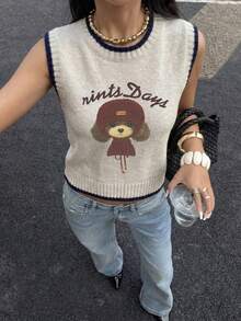 Áo vest nữ không tay cổ tròn mới mùa Thu/Đông với họa tiết chó hoạt hình dễ thương, viền màu tương phản, chất liệu kaki dệt kim, kiểu dáng học sinh thoải mái, áo dệt kim rộng rãi cho nữ, thích hợp mặc hàng ngày, tốt nghiệp và mùa hè. - Nhiều màu - Xem 1