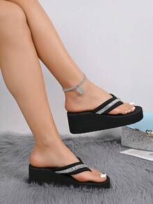 Women's Summer New Anti-Slip Thick-Sole Beach Slippers, Wedge High Heel Thong Sandals, Suitable For Outdoor Beach Weddings - Black - View 3
