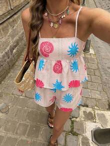 女士荷叶边印花吊带背心和短裤套装（2件套），休闲、度假、优雅、沙滩装，适合情人节、海滩、夏季外出等场合。 - 彩色 - 查看 3