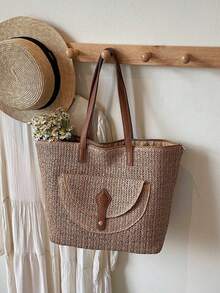 米色编织草编手提包，皮革肩带，翻盖口袋，大容量单肩包，复古休闲风夏季沙滩度假通勤包，女士 - 彩色 - 查看 7