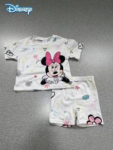 Disney 女嬰T恤套裝，夏季迪士尼柔軟可愛韓系圓領彩色塗鴉米奇短袖T恤 + 搭配白色短褲，休閒日常出遊度假派對穿搭，適合2歲以下嬰兒 - 白色 - 查看 5