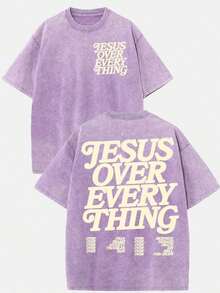 Summer Tops(230g T-Shirt) Washed Cotton "Jesus Over Everything" Religious Graphic Tee, Oversized Casual Crewneck Short Sleeve T-Shirt, Retro Soft Brea - 紫色 - 查看 9