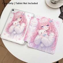 Étui de protection pour tablette en cristal acrylique avec motif de fille de dessin animé serrant un ours mignon en forme de cœur, avec support, compatible avec Samsung, Apple, Honor et autres modèles populaires, pliable anti-pliure, coins renforcés en silicone, fonction de réveil/veille automatique, fente pour stylet intégrée, support pliable multi-angle - protection quotidienne parfaite, cadeau idéal pour les fêtes - Multicolore - Voir 2