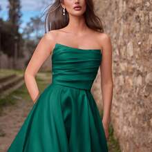 Faeriesty Women's Elegant Ruched Bodycon High Slit Evening Dress - Spring/Summer Formal Dress, Suitable For Weddings, Galas, Red Carpet Events, Parties, Wedding Guests, Summer Vacation Party - Dark Green - View 6