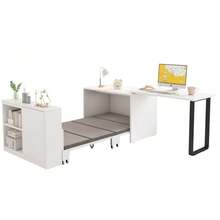 This 2-In-1 Folding Desk And Bed Features A Metal Frame And Legs, A 4cm Thick Mattress, Wheels, A Single Wardrobe With Two Storage Compartments, And Is White. - White - View 1