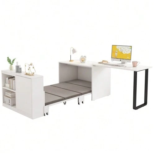 This 2-In-1 Folding Desk And Bed Features A Metal Frame And Legs, A 4cm Thick Mattress, Wheels, A Single Wardrobe With Two Storage Compartments, And Is White. - White - View 1