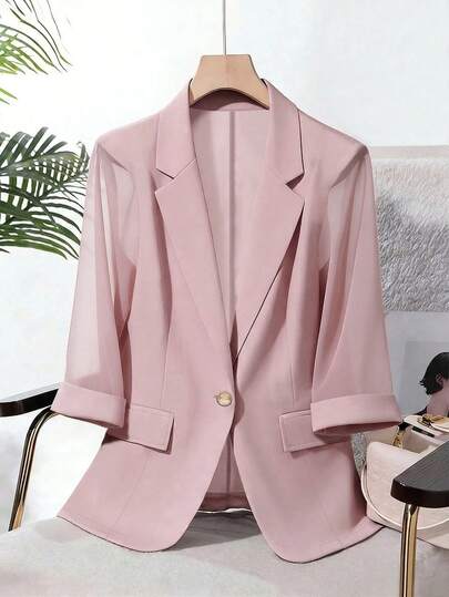 Blazer de oficina de mujer de manga 3/4 con un solo botón, de unicolor, de gasa y parches, para primavera/verano