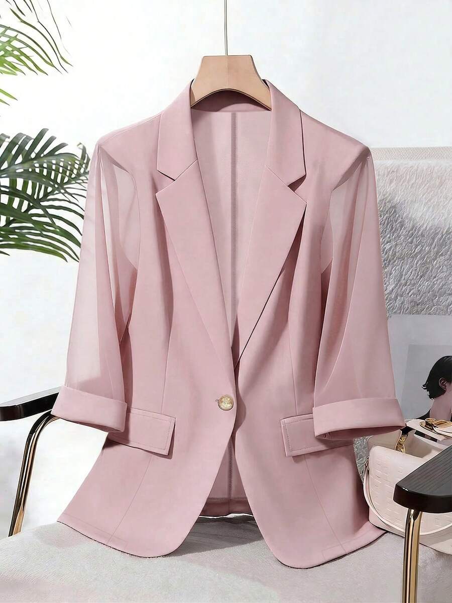 Women's Spring/Summer Solid Color Chiffon Patchwork Cooling Single-Button 3/4 Sleeve Office Blazer Pink - Pink - View 1