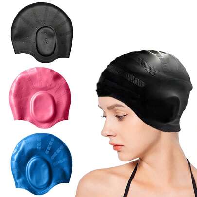 1顶专业硅胶泳帽 - 3D人体工学设计，防止漏水，高弹力泳帽，适合长发，男女通用防水护发装备，夏季水上运动必备
