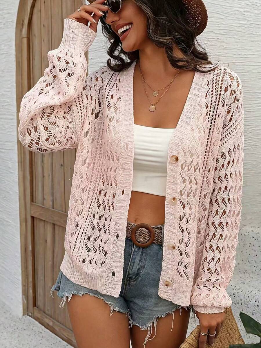Lightweight Women's Pink V-Neck Cardigan, Fashionable Button Front Hollow Knit Sweater, Suitable For Spring/Summer, Casual, Beach - Pink - View 1