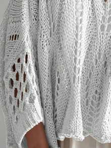 大码时尚宽松镂空高端女式七分袖针织衫，露肩设计，度假完美之选，面料柔软舒适，休闲百搭，白色 - 白色 - 查看 5