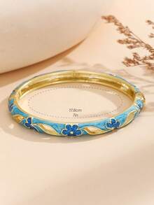 1 chiếc vòng tay thời trang kiểu mới mạ vàng, họa tiết hoa rỗng, tráng men cloisonne, trang sức dành cho bé gái và phụ nữ. - Màu xanh lam - Xem 5