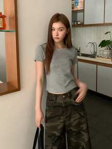 Women's Crew Neck Short Sleeve Solid Color Casual Cropped T-Shirt Summer - Grey - View 3