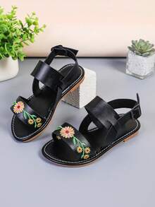 1 Pair Girls' Flat Sandals, PU Embroidered Sunflower Strap, Adjustable Metal Buckle, Round Toe, Non-Slip, Fashionable & Cute Roman Sandals Suitable For 3-15 Years Old Female Students, Daily, Party, Vacation, Casual Outdoor Wear, 2025 Spring/Summer New Arrival - Black - View 6