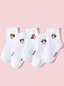 Disney 1/5双装迪士尼儿童袜子，春夏中筒袜，可爱卡通小老鼠配红色波点蝴蝶结图案，经典简约时尚，吸湿透气运动袜，柔软舒适休闲蕾丝袜，适合返校、节日、户外运动、节日礼物、日常穿着 - 彩色 - 查看 1