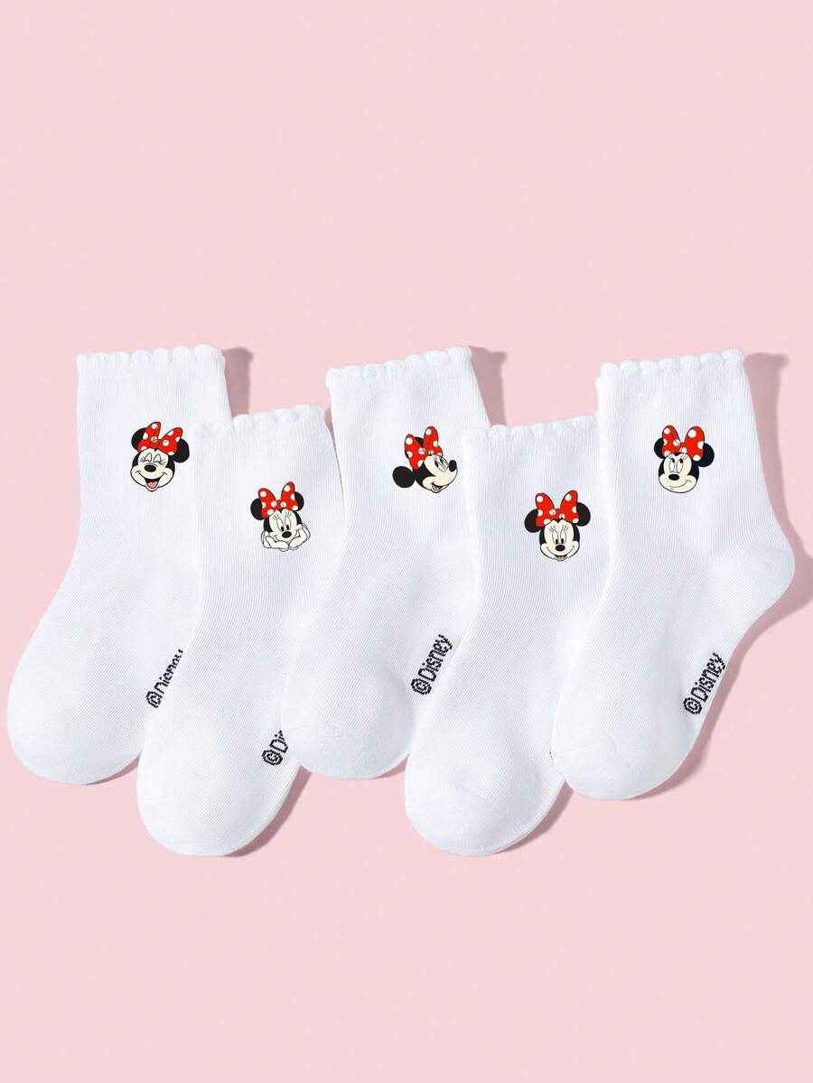Disney 1/5双装迪士尼儿童袜子,春夏中筒袜,可爱卡通小老鼠配红色波点蝴蝶结图案,经典简约时尚,吸湿透气运动袜,柔软舒适休闲蕾丝袜,适合返校、节日、户外运动、节日礼物、日常穿着 - 彩色 - 查看 1