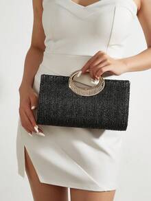 REMANLAND Fashionable Solid Color Woven Women's Bag With Metal Chain Strap, Can Be Used As Handbag, Shoulder Bag, Tote Bag, Beach Bag, Casual Woven Bag, And Cell Phone Bag, Summer Essentials, Perfect For Vacation & Holiday, Beach Purse, Perfect For Summer, Vacation & Daily Use, Travel Must Haves Valentine's Day Wedding Wedding - Black - View 9
